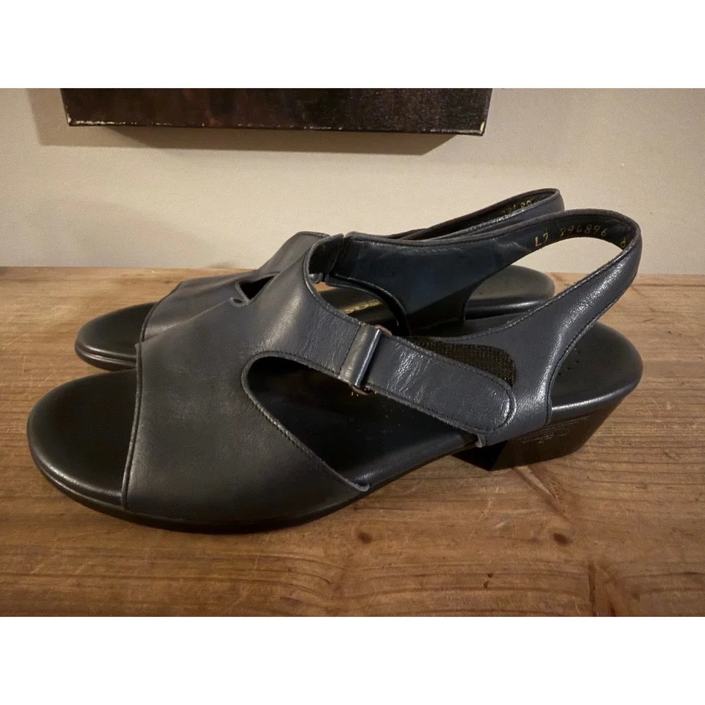 SAS Tripad Comfort Navy Blue Leather Slingback Wedge Sandals Womens 8.5M